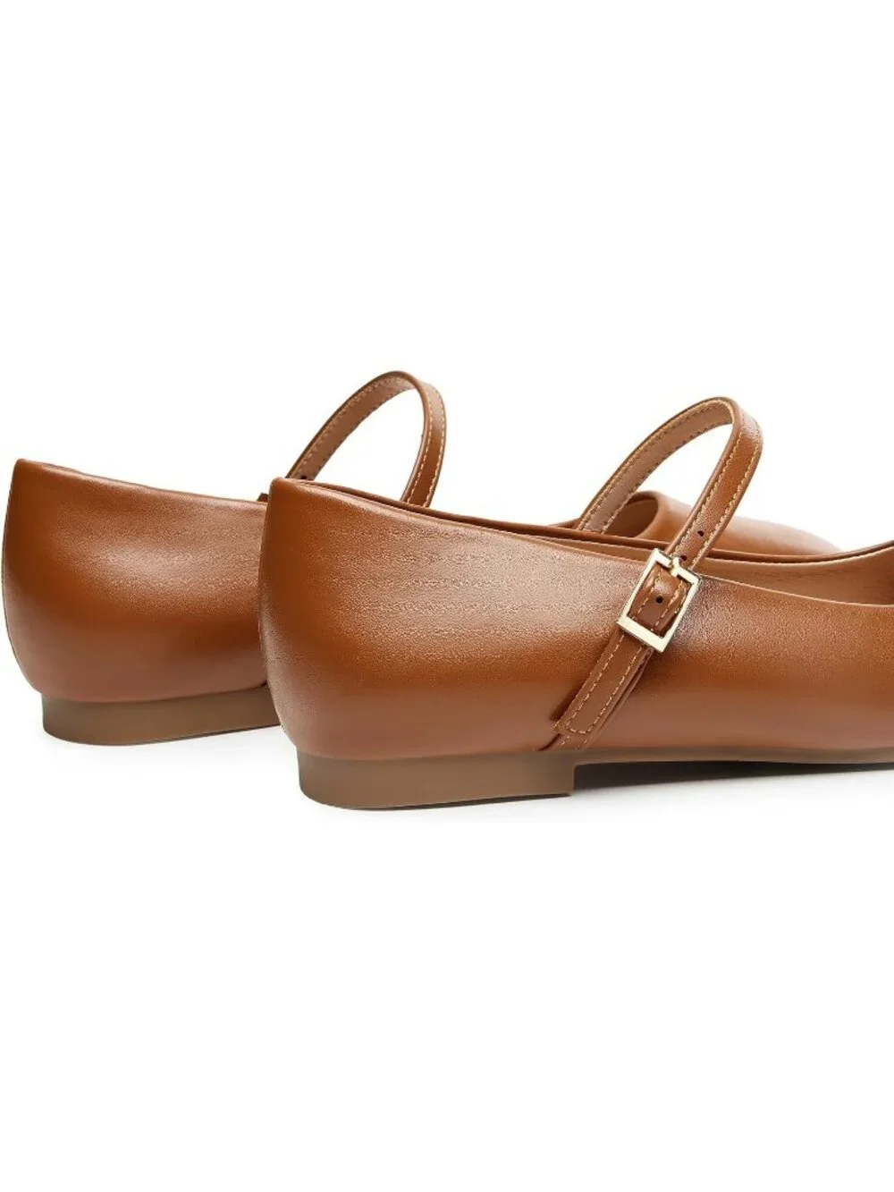 Women's Brown Square Toe With Adjustable Buckle Strap Ballet Flat Slip On Shoes